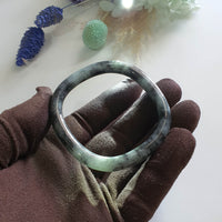 Translucent Greenish Black Jadeite “Art De Squarera” Princess Round Bangle (JAC003440)