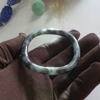 Translucent Greenish Black Jadeite “Art De Squarera” Princess Round Bangle (JAC003440)