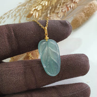 Highly Translucent Icy Light Bluish Green Jadeite “Auspicious Leaf” Pendant (JAB005522) 3