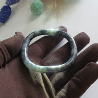 Translucent Greenish Black Jadeite “Art De Squarera” Princess Round Bangle (JAC003440)