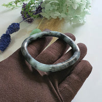 Translucent Greenish Black Jadeite “Art De Squarera” Princess Round Bangle (JAC003440)