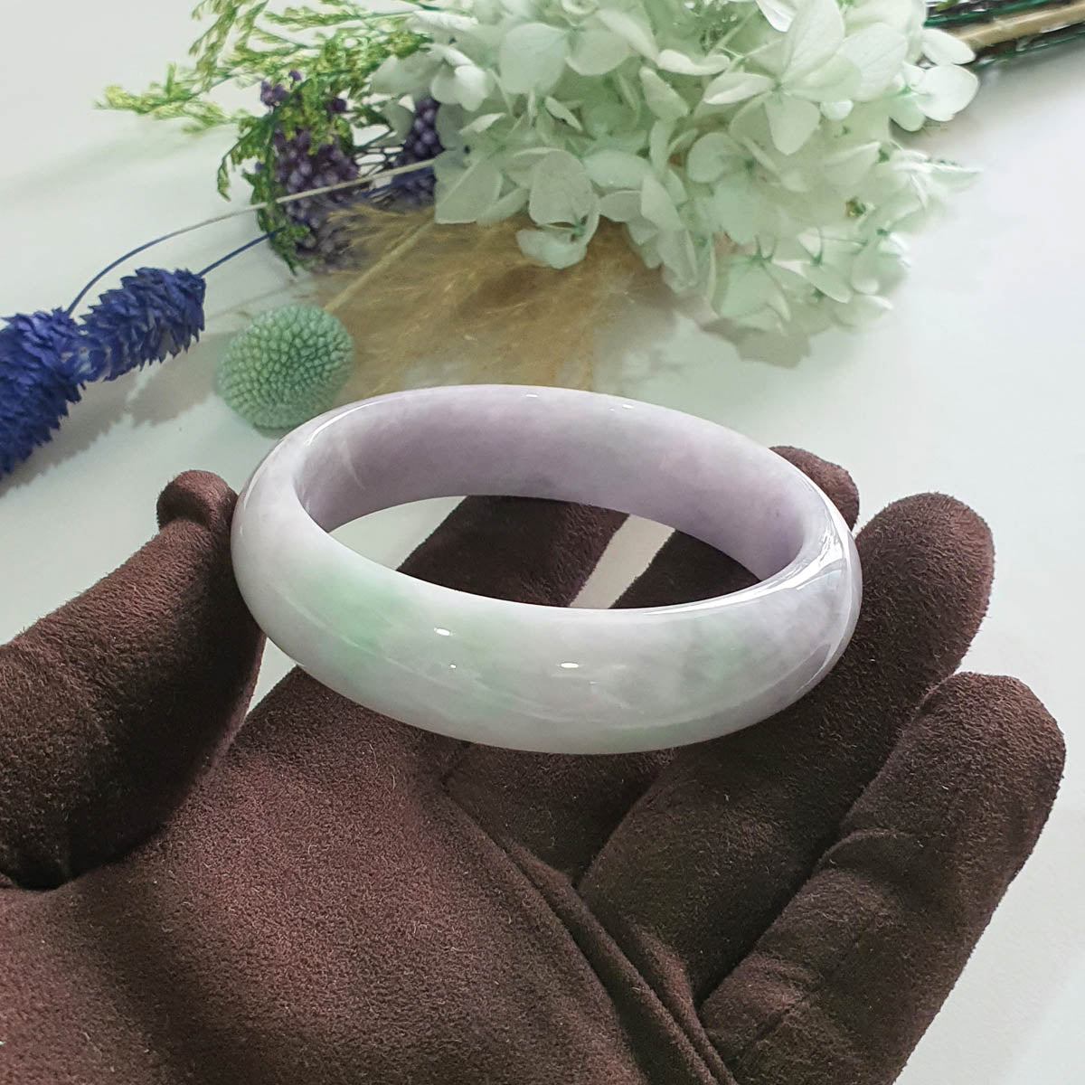 Translucent Lavender and Green Jadeite “Lavender Spring” Scenery Bangle (JAC003488)