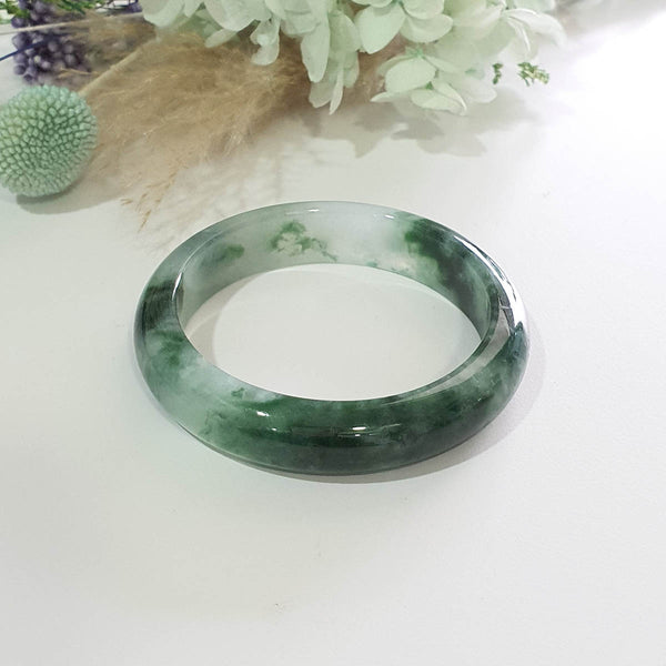 Translucent Icy Flower Green Jadeite "Frozen Greenery" Bangle (JAB003489)