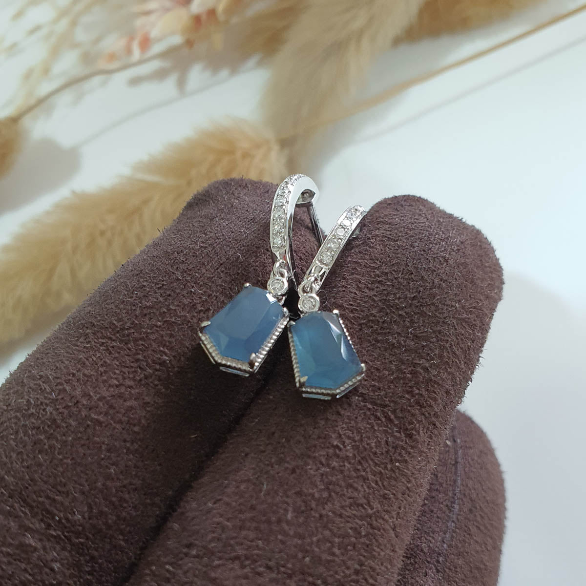 Highly Translucent Icy Jean Blue Jadeite "Le Cubism" Earrings (JAA001581) 1