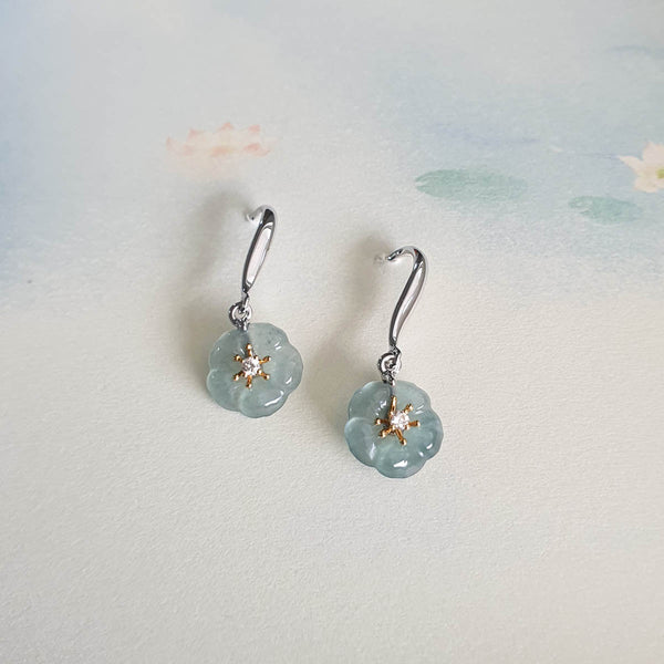 Highly Translucent Icy Blue Jadeite “Cherry Blossom” Earrings (JAA001618) 1