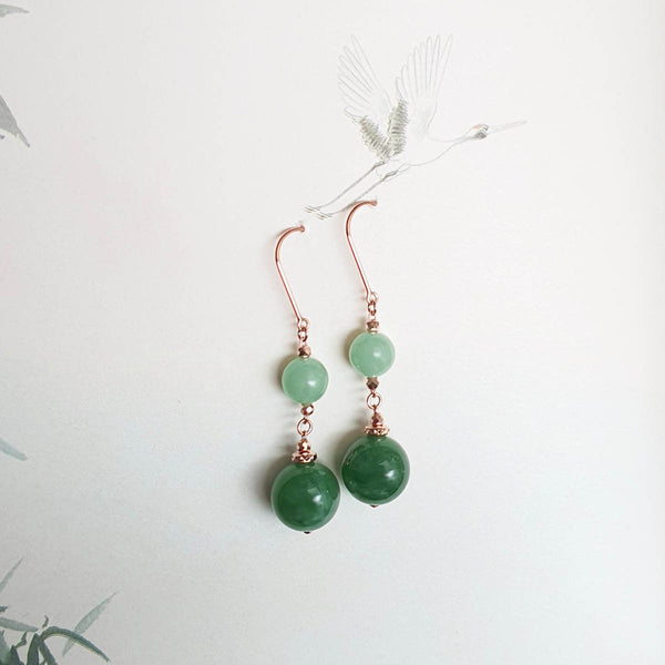 Translucency Icy Apple Green and Green Jadeite “Duo Lantern” Dangling Earrings (JAA002120) 1