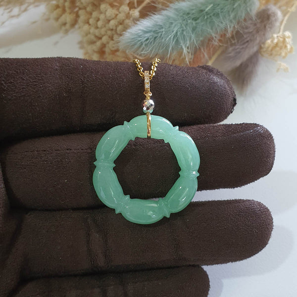 [Rare] Translucent Icy Apple Green Jadeite "Six segments Bamboo" Pendant (JAB002544) 1