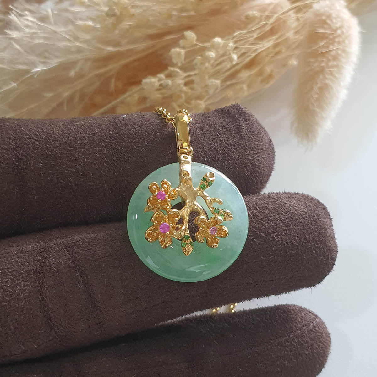Good Translucency Icy Apple Green Jadeite "Cherry Blossom" Pendant (JAB005210) 1