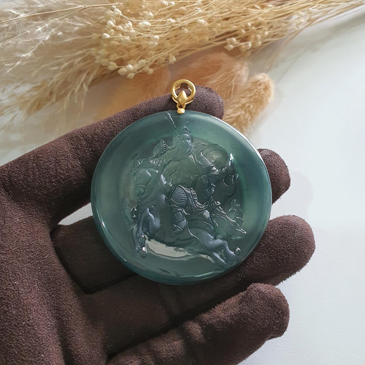 Highly Translucent Icy Bluish Green Jadeite "Victory Medallion Guan Gong" Pendant (JAB005347) 1