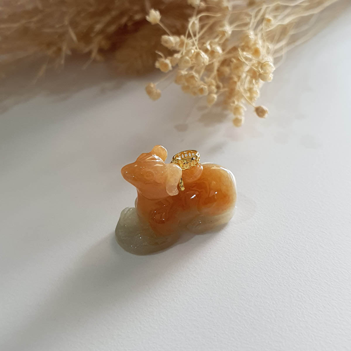 Translucent Icy Orange Jadeite "Auspicious Dog" Pendant (JAB005606) 1