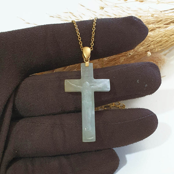 Translucent Icy and Icy Yellowish Jadeite "Crucifix" Pendant (JAB006453) 1