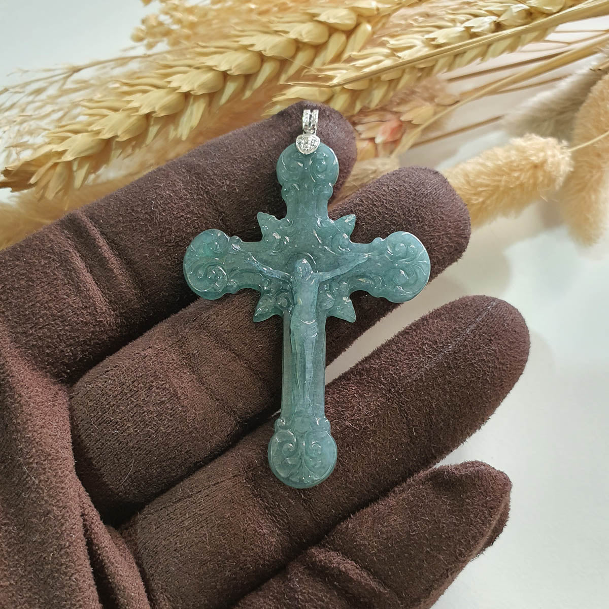 Good Translucency Icy Bluish Green Jadeite "Crucifix" Pendant (JAB007325) 1