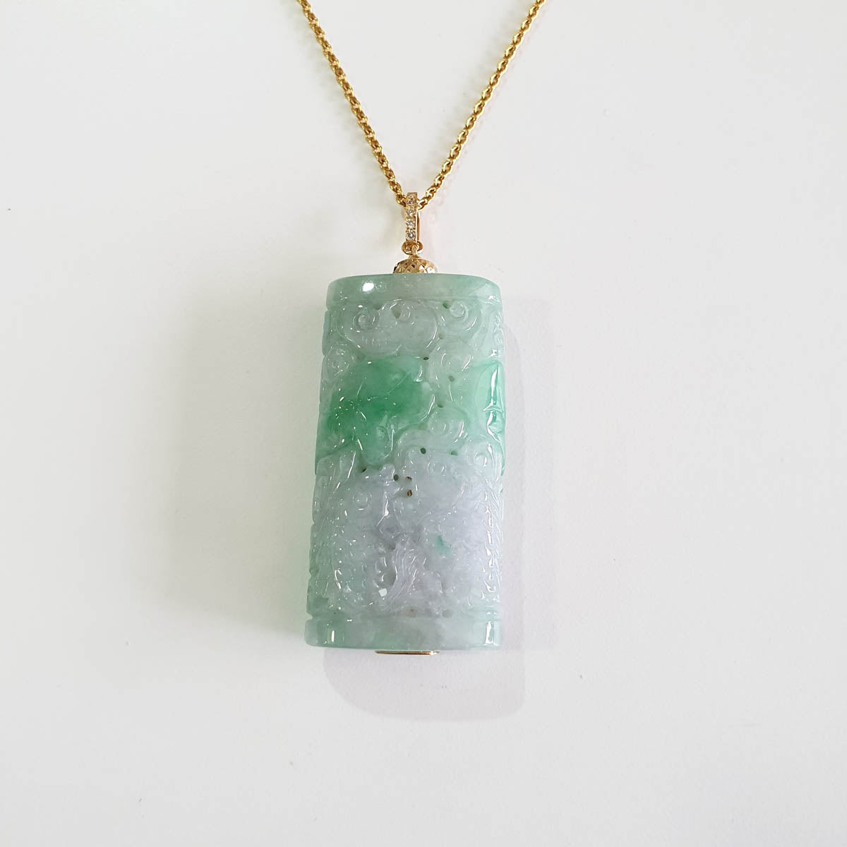 Translucent Icy Brilliant Green with Lavender Jadeite "Prosperity Fishes and Lotus" Pendant (JAB007727) 1