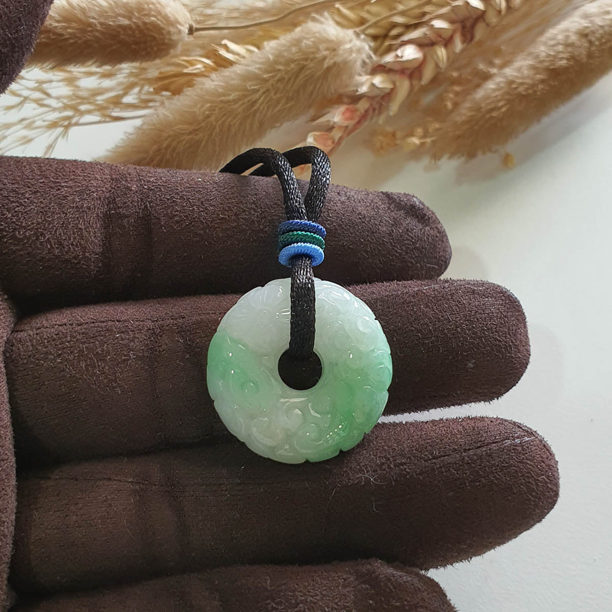 Translucent Icy Apple Green with White Jadeite "Ruyi & Flower" Pendant (JAB007822) 1