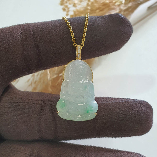 Good Translucent Icy with Green Jadeite "Goddess of Mercy" Pendant (JAB007951) 1