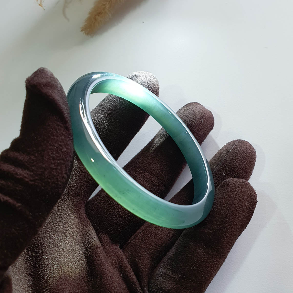 [Rare] Highly Translucent Icy Bluish Chameleon Green Jadeite Bangle (JAC002983) 1