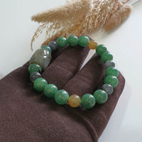 Translucent Icy Yellowish Black & Green Jadeite “Ruyi & Hulu” Beads Barrel Bracelet (JAC003276) 4