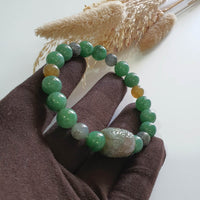 Translucent Icy Yellowish Black & Green Jadeite “Ruyi & Hulu” Beads Barrel Bracelet (JAC003276) 6