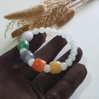 Translucent Icy with “The Five Elements” Jadeite Beads Barrel Bracelet (JAC003361) 3