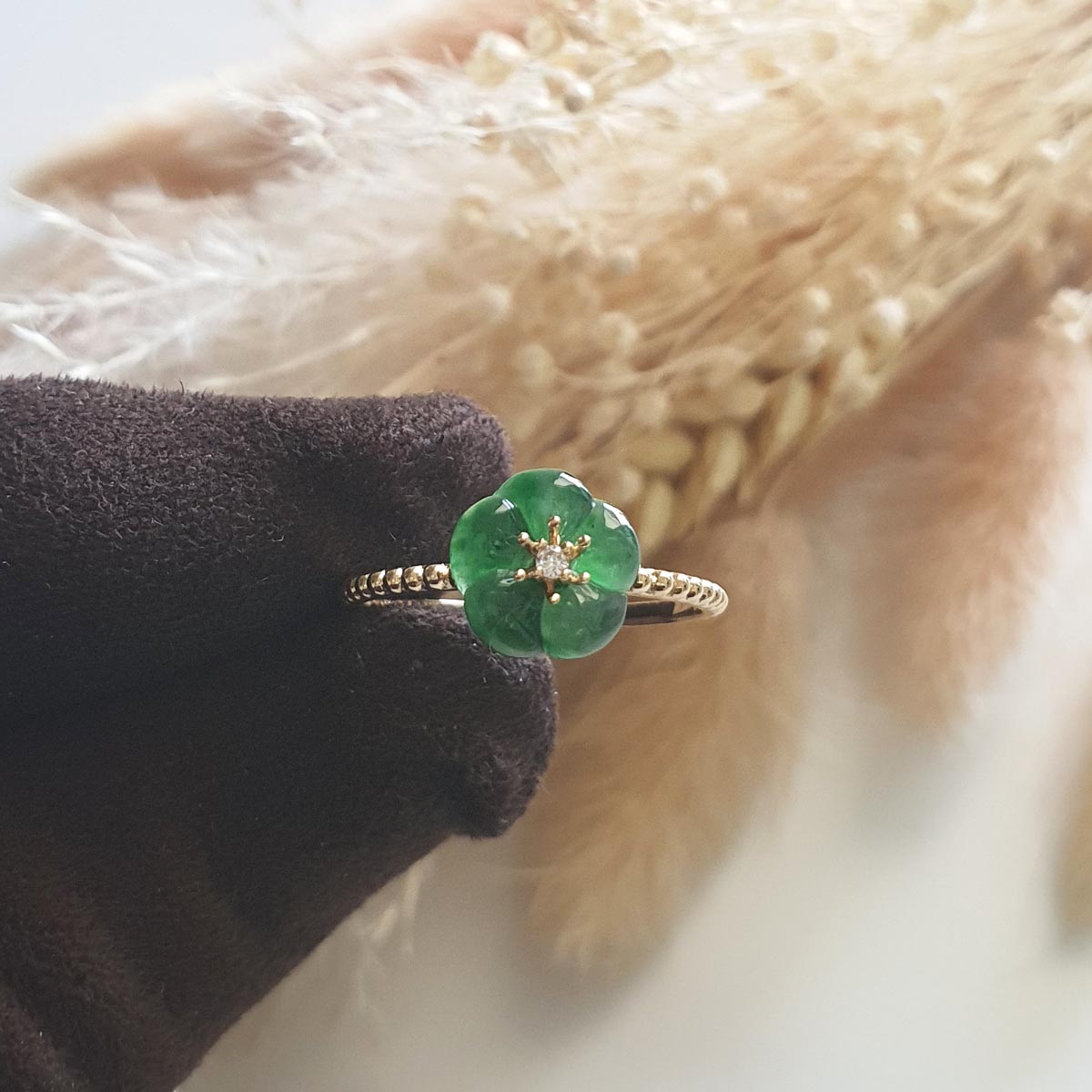 Highly Translucent Icy Deep Green Jadeite “Flower Blossom” Ring (JAD000639) 1