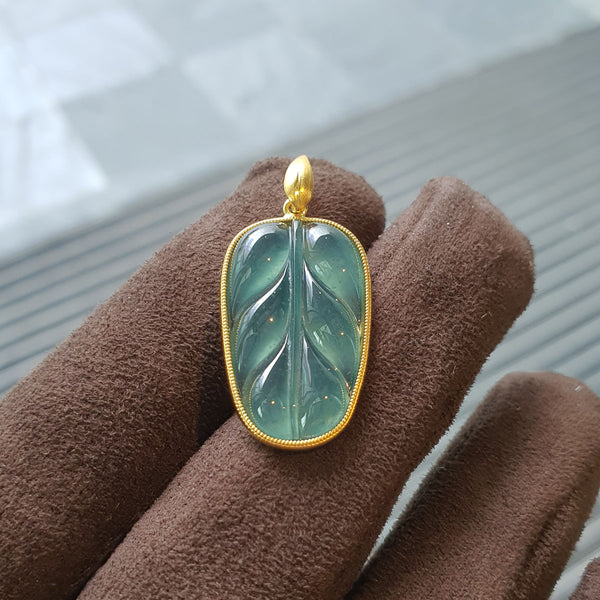 Highly Translucent Icy Bluish Green Jadeite “Auspicious Leaf” Pendant (JAB006903) 1