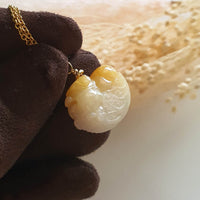 Translucent Golden Yellow Jadeite "Smiley Piglet on Cabbage" Pendant (JAM000282) 2