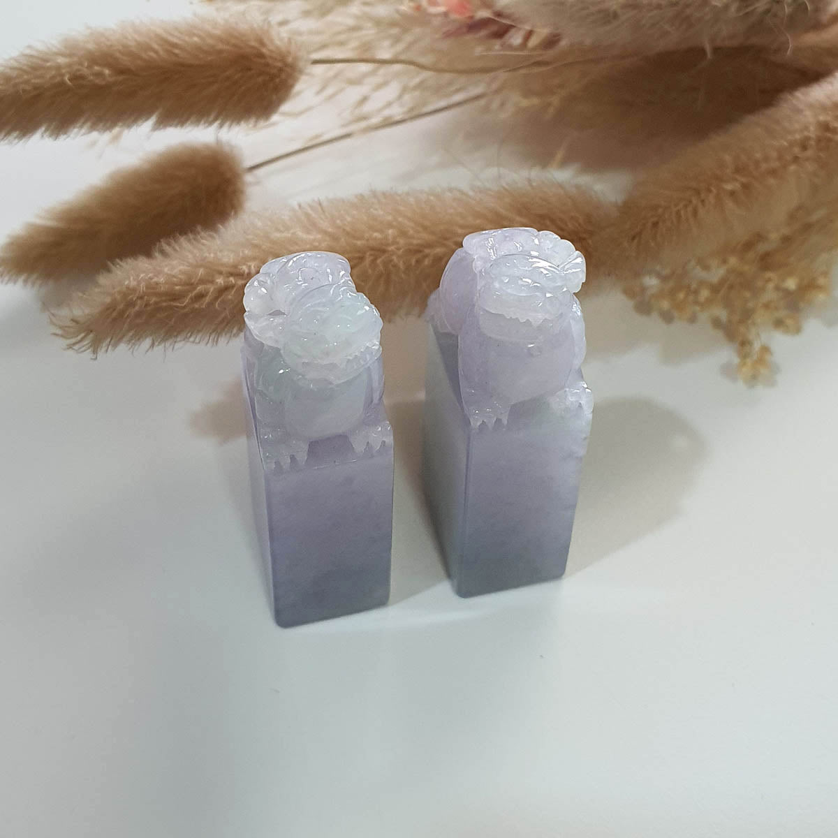 A Pair of Translucent Icy Lavender with Green Jadeite "Celestial Guardians" Seal/Stamp Ornament (JAM000683) 1