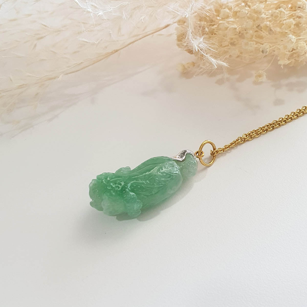 Translucent Icy Apple Green Jadeite “Auspicious Cabbage” Pendant (SJB002735) 1