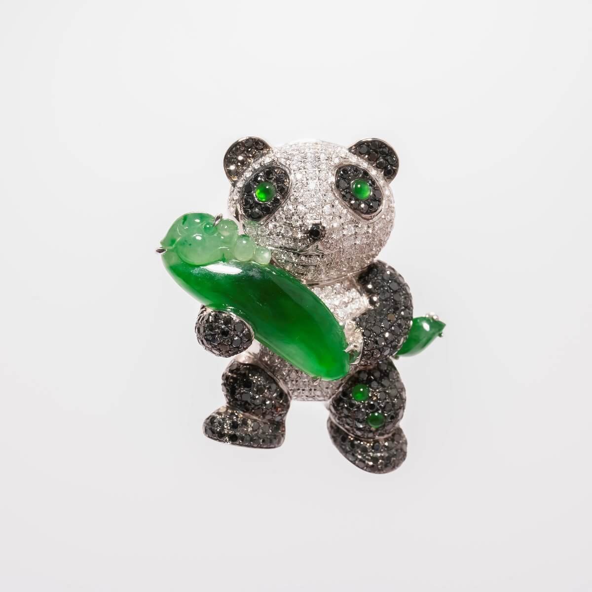 Magnificent Highly Translucent Imperial Green Jadeite Diamonds Pavé Panda Pendant/Brooch 1